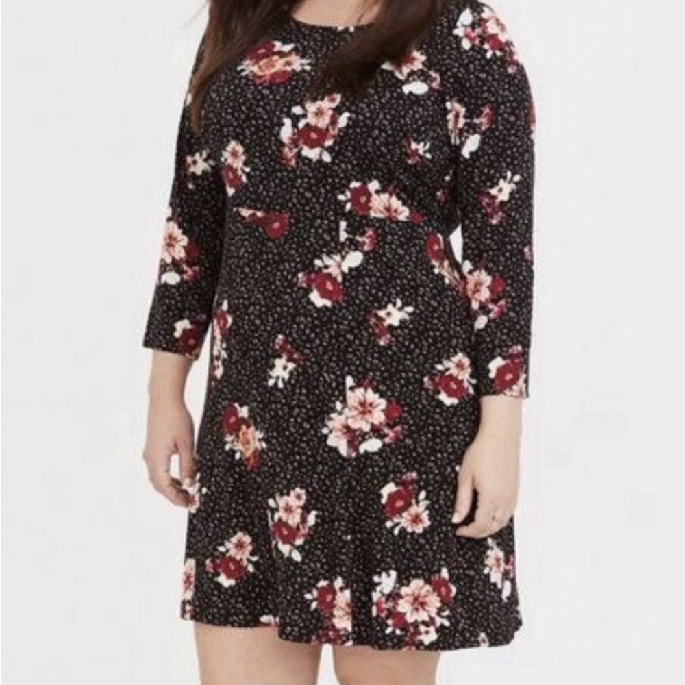 Torrid Womens Black Pink Floral Stretch Challis 3/4 Sleeve Shift Dress  2X